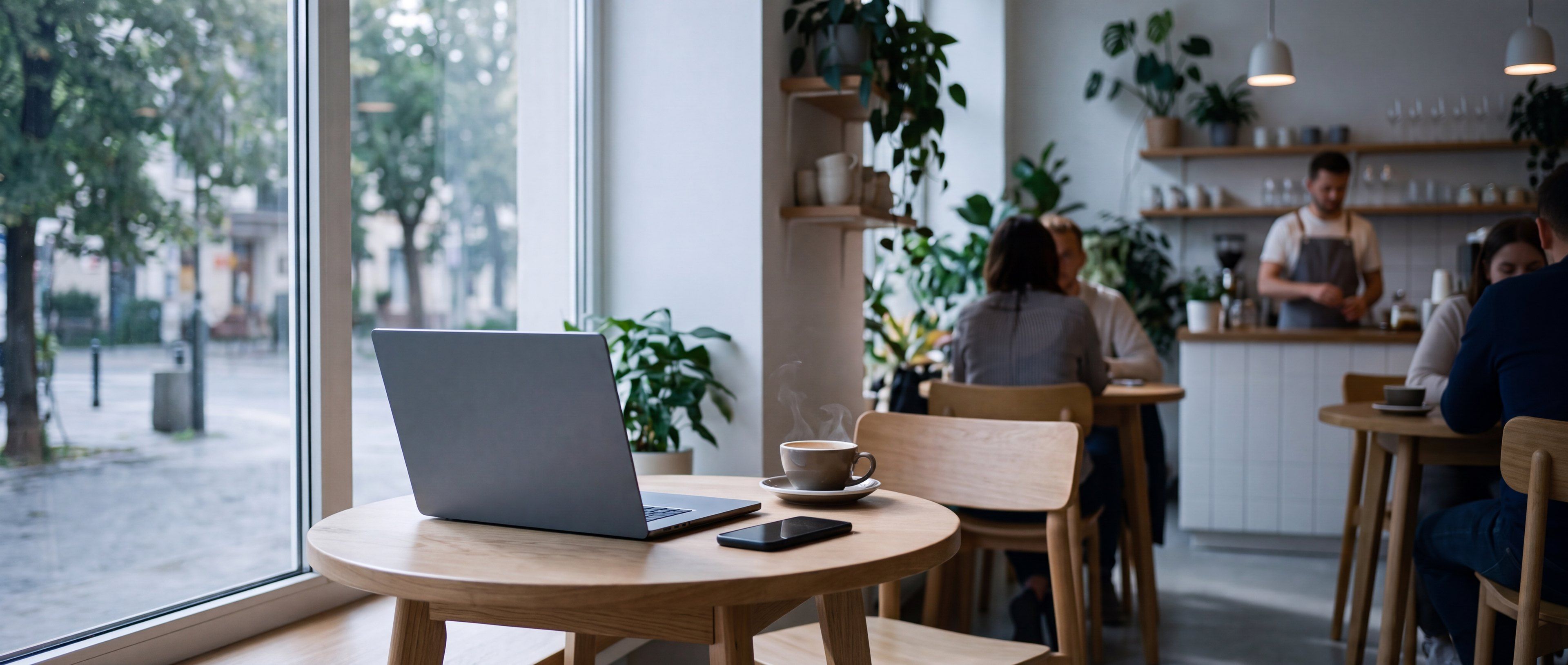 A laptop, a phone and a coffee on a small table in a busy cafe on a rainy morning.