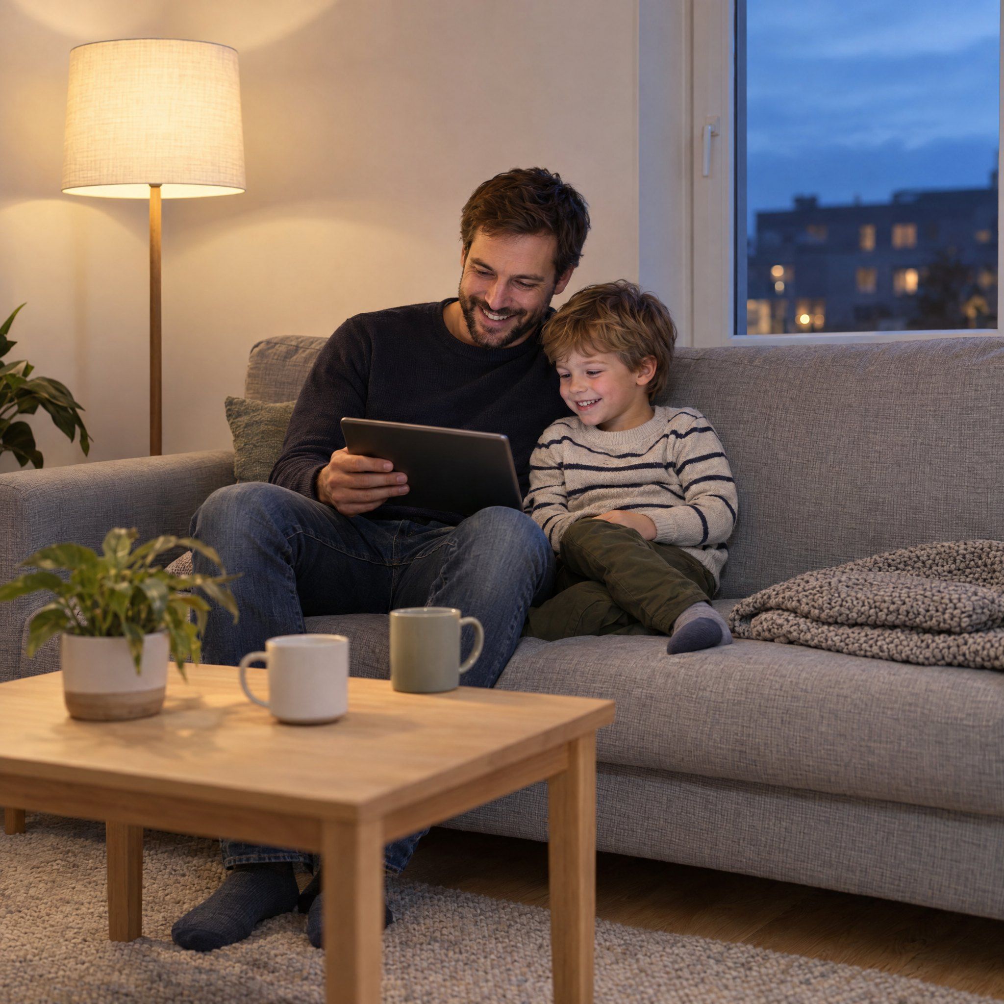 A father and his son look at a tablet together on the sofa in the evening.