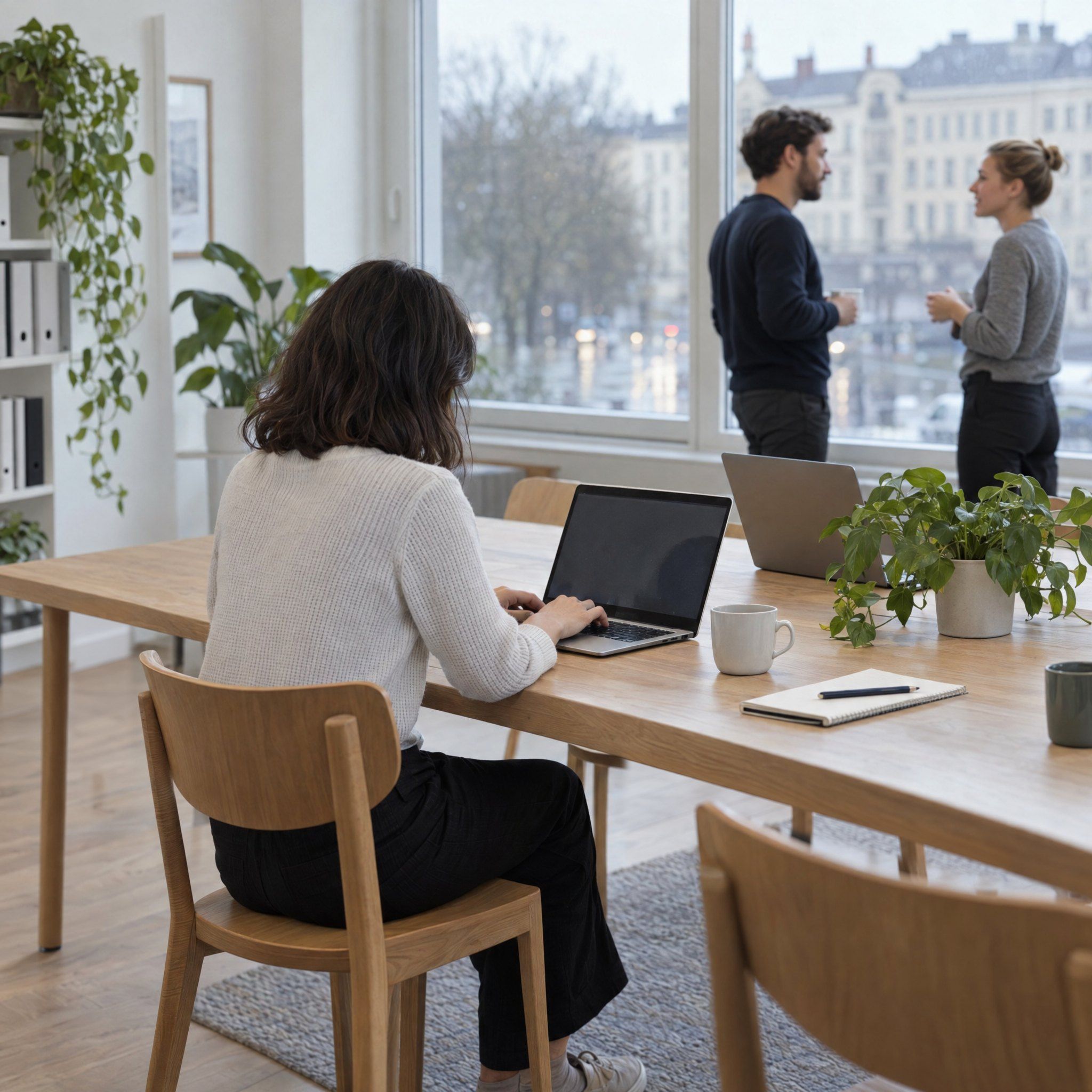 A woman works on a laptop at a long oak desk in a bright office while two colleagues talk by the window.